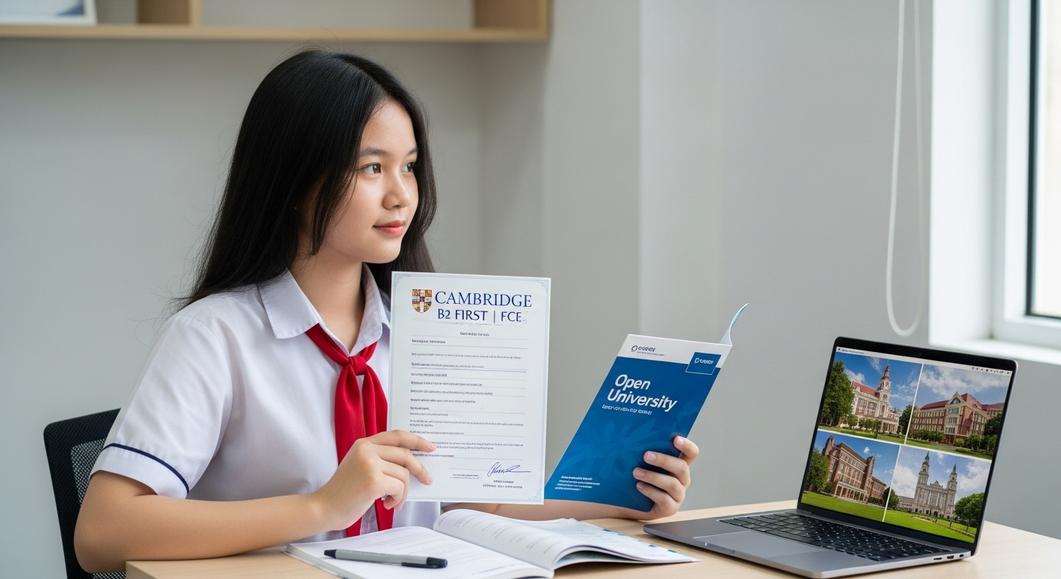 Nữ sinh Việt Nam tự tin khoe chứng chỉ Cambridge B2 First (FCE).